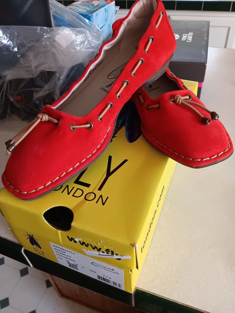 FLY London Womens Red Suede Moccasin Loafers Size 7-7.5
